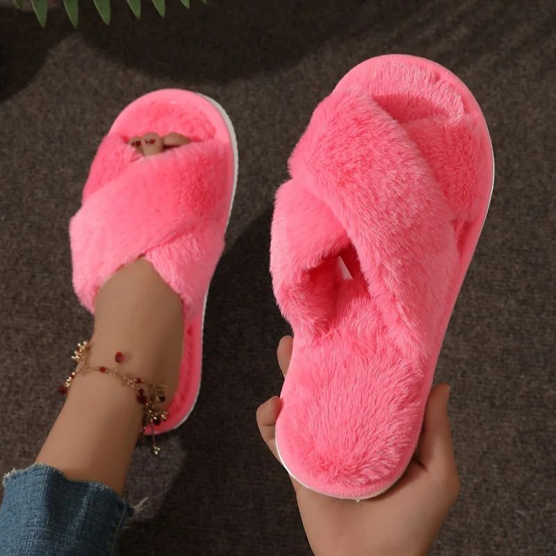 Women Indoor Cross Strap Faux Fur Slippers Lightweight Warm Plush Home Slides Flat Heel Couple Styl 6