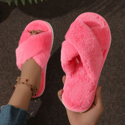 Women Indoor Cross Strap Faux Fur Slippers Lightweight Warm Plush Home Slides Flat Heel Couple Styl 6