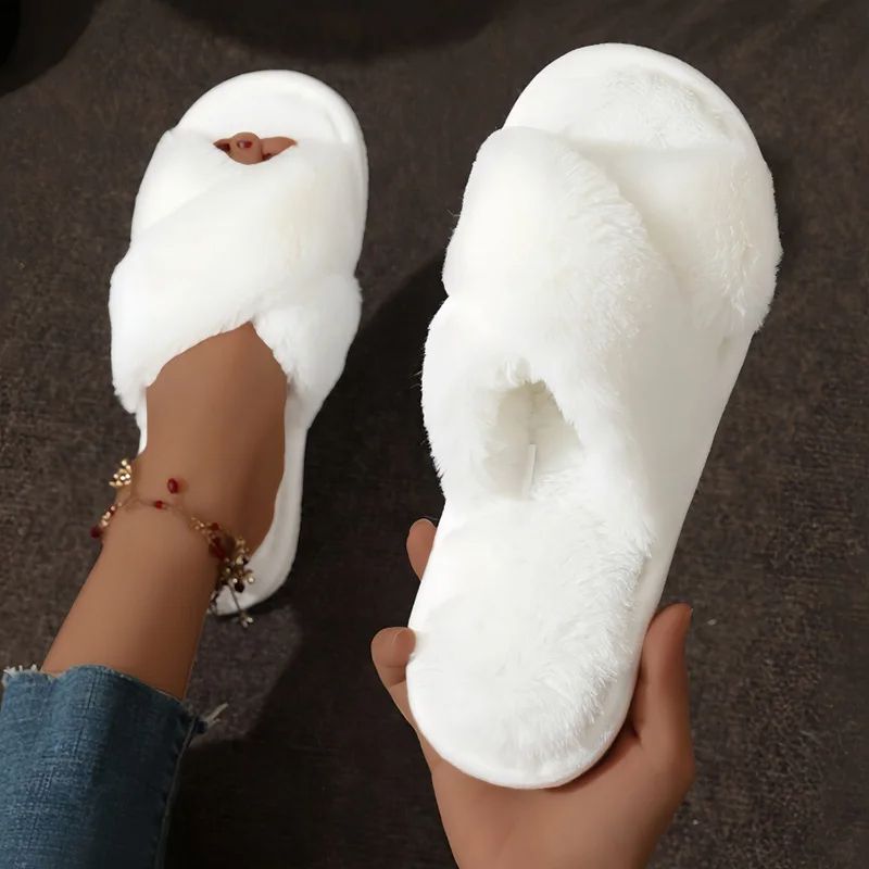 Women Indoor Cross Strap Faux Fur Slippers Lightweight Warm Plush Home Slides Flat Heel Couple Styl 3