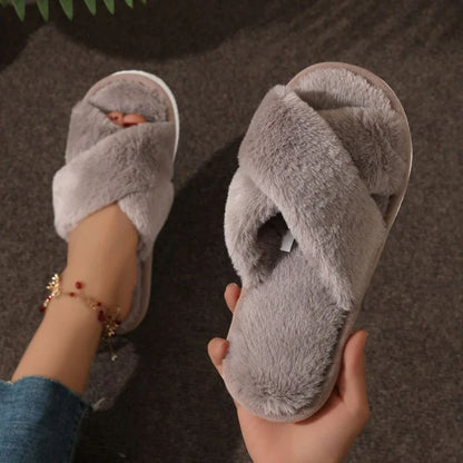 Women Indoor Cross Strap Faux Fur Slippers, Lightweight Warm Plush Home Slides, Flat Heel, Couple Style