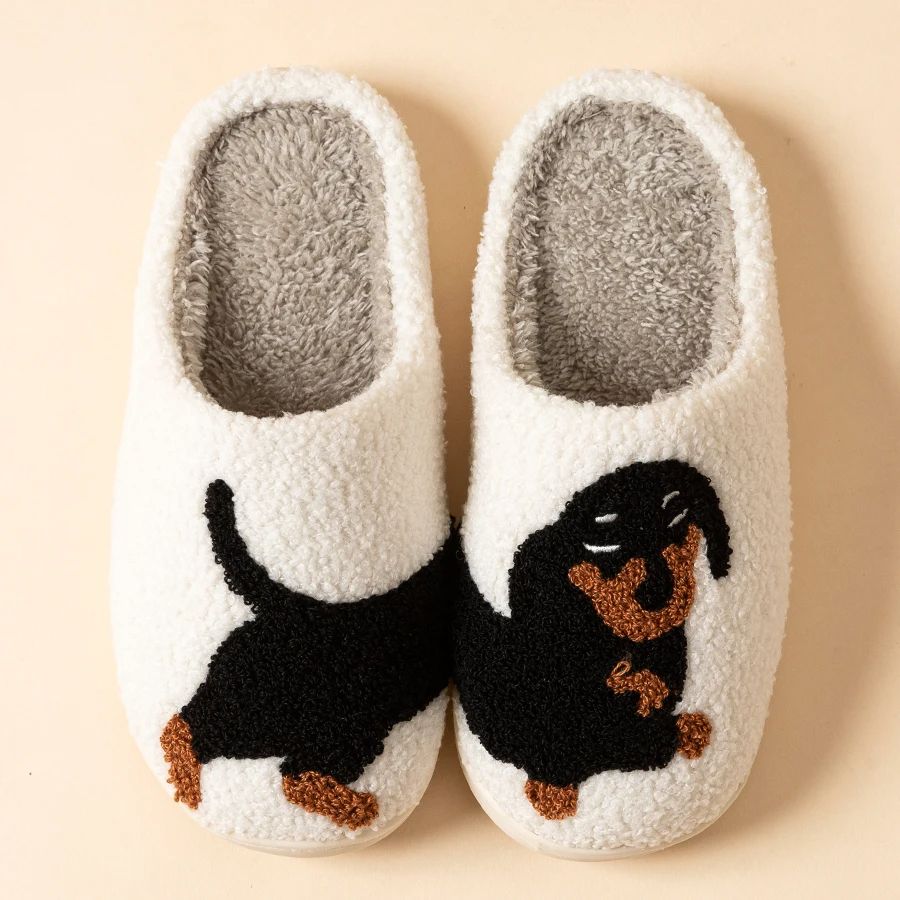 Cartoon Cute Dachshund Dog Women Slippers, Indoor Warm Comfort, Lightweight Winter Cotton Bedroom Shoes