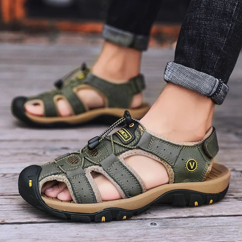 Summer Men Leather Sandals, Breathable Outdoor Casual Beach Shoes, Fashion Roman Style Slippers for Men