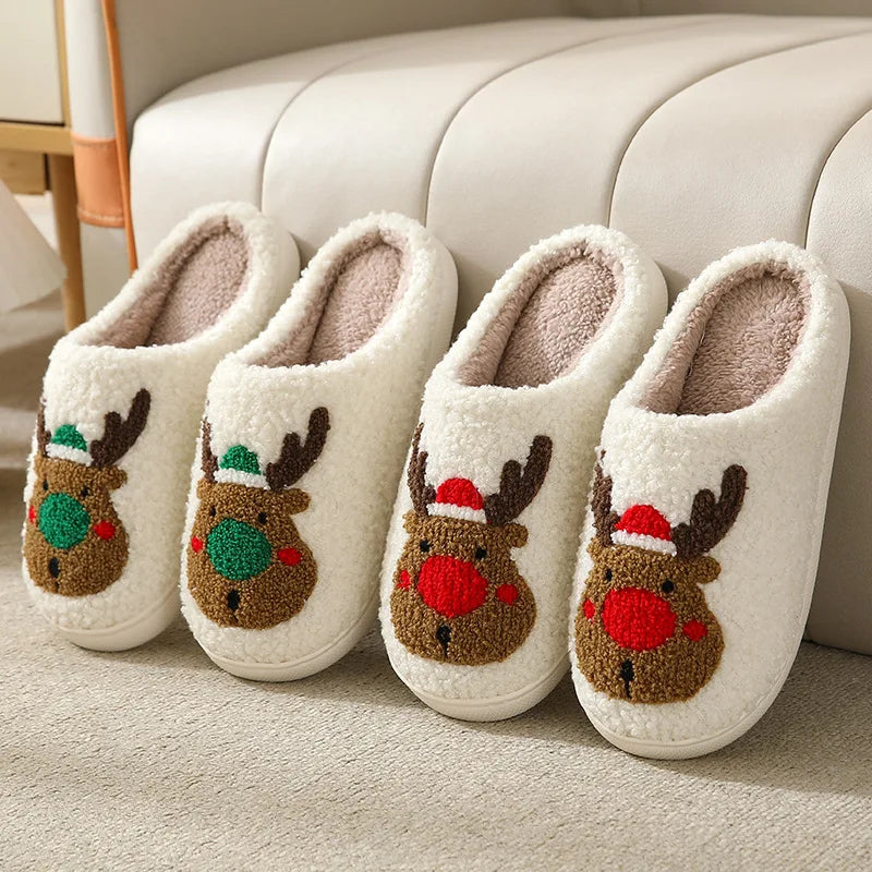 Christmas Deer Slippers, Cozy Plush Home Non-Slip Slippers for Men & Women, Fuzzy Winter Indoor Slides