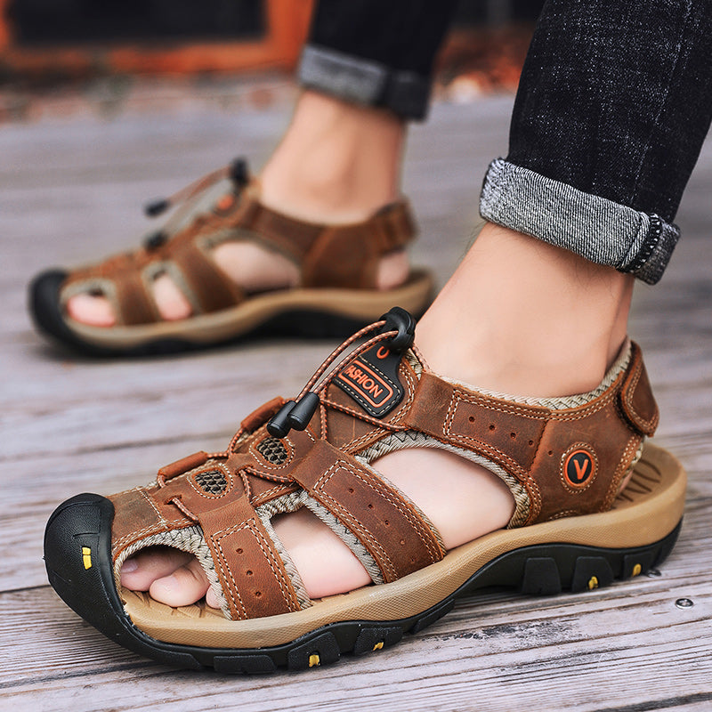 Summer Men Sandals Leather Breathable Casual Shoes for Outdoor, Beach & Fashion Roman Style Anti-Slip & Waterproof