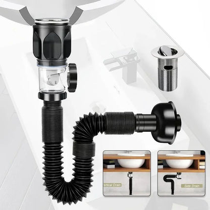 Retractable Flip-Top Sink Drain with Deodorizing Filter, Flexible Downspout for Bathroom & Kitchen, Anti-Clogging Design