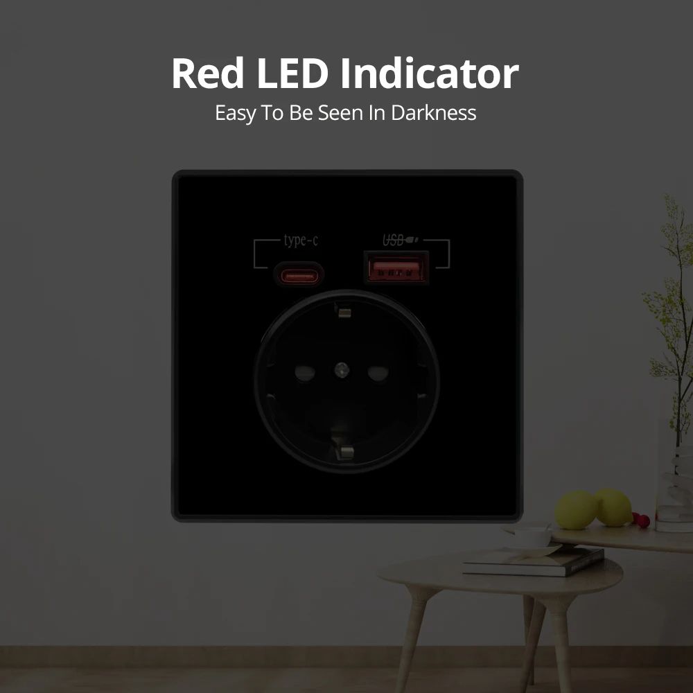 Black Crystal Glass Wall Socket with Type-C & USB Ports, Charging