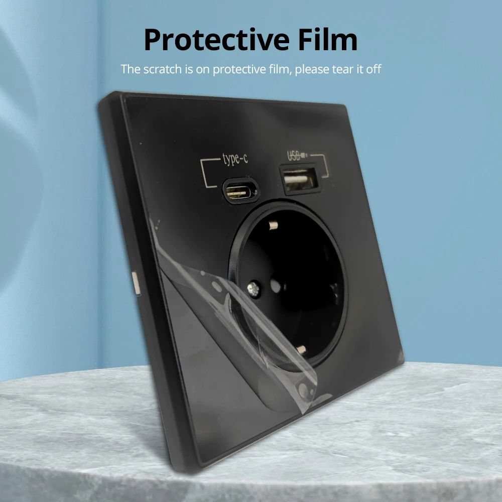 Black Crystal Glass Wall Socket With TypeC  USB Ports Charging 4