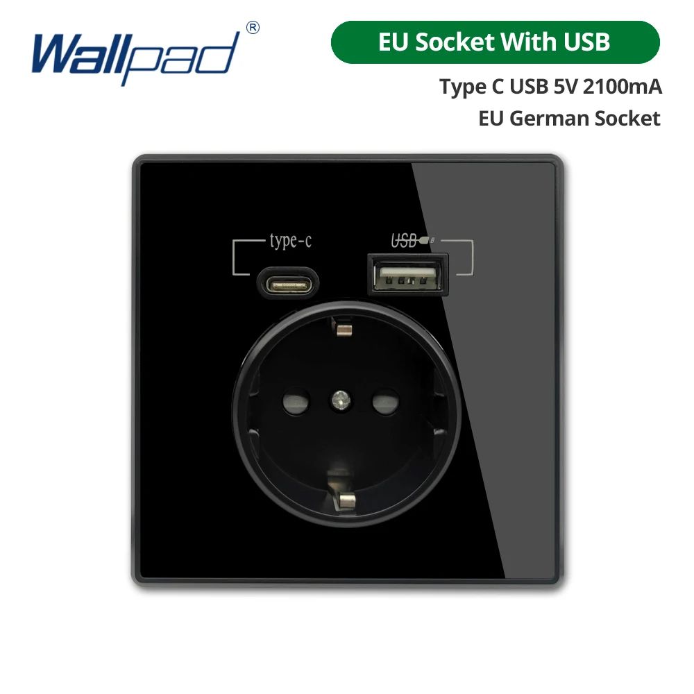 Black Crystal Glass Wall Socket With TypeC  USB Ports Charging 7