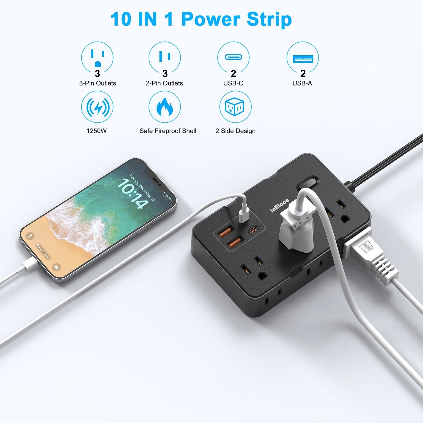 Surge Protector Power Strip With 6 Widely Spaced Outlets  4 USB Ports Thin Flat Plug Extension Cord 1