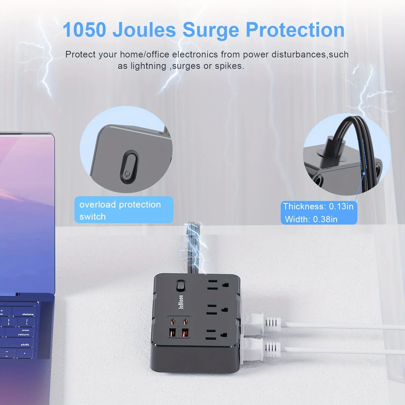 Surge Protector Power Strip With 6 Widely Spaced Outlets  4 USB Ports Thin Flat Plug Extension Cord 3