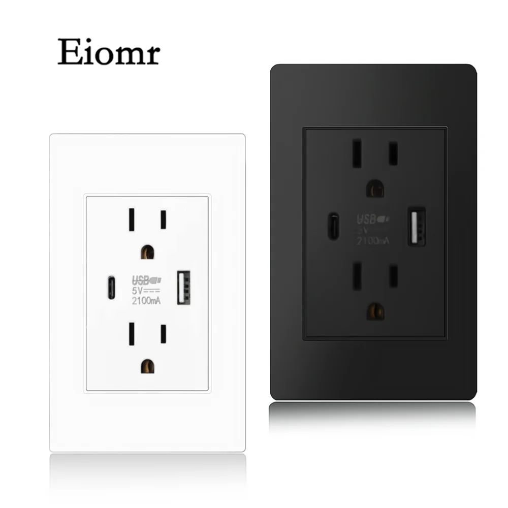 Eiomr US Standard Wall Socket with USB Type-C Charging Port 5V Fireproof PC Panel Power Outlet for Home, Office, Hotel