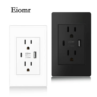 Eiomr US Standard Wall Socket with USB Type-C Charging Port 5V Fireproof PC Panel Power Outlet for Home, Office, Hotel
