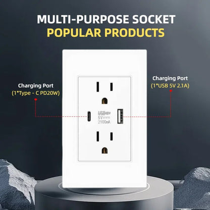 Eiomr US Standard Wall Socket With USB TypeC Charging Port 5V Fireproof PC Panel Power Outlet For H 3