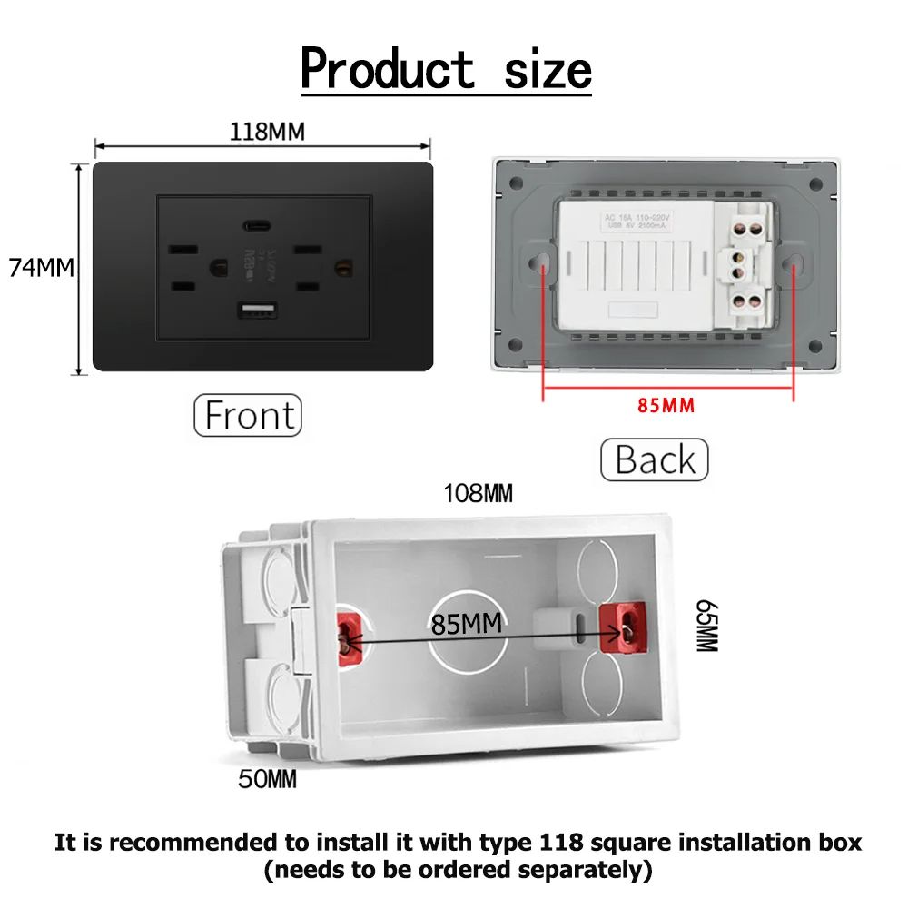 Eiomr US Standard Wall Socket With USB TypeC Charging Port 5V Fireproof PC Panel Power Outlet For H 5