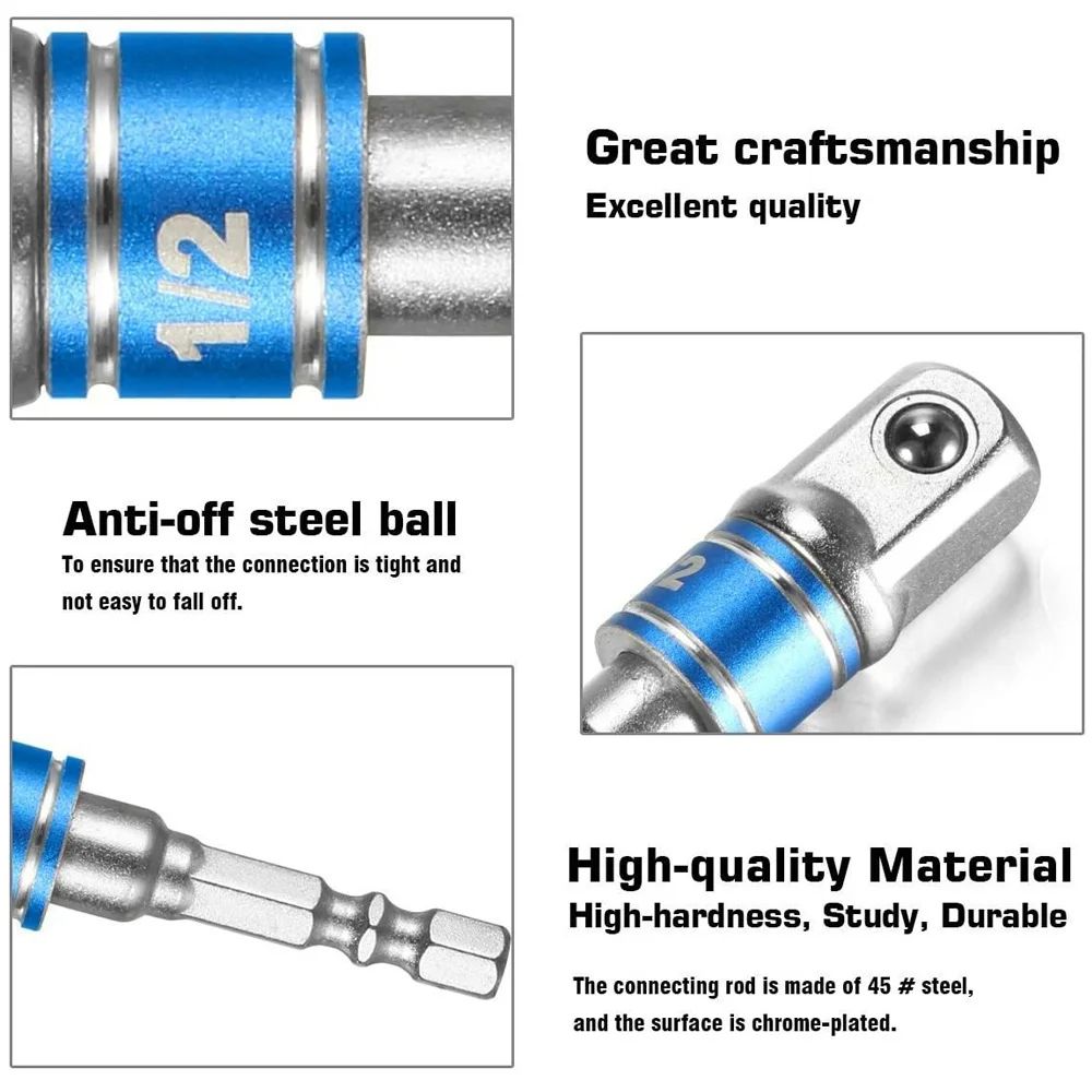 Power Drill Hex To Square Wrench Adapter Impact Driver Socket Extension Converter Set 4