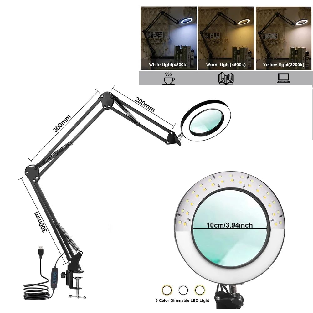 Magnifying Glass With Light USB Powered 3Color LED Magnifier For Soldering Iron Repair Skincare Cra