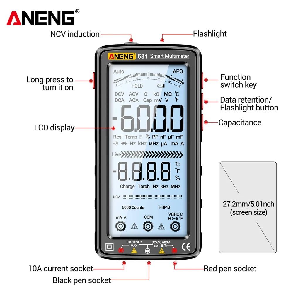 Digital Multimeter Rechargeable True RMS Voltage  Current Tester With LCD Display And NonContact Vo