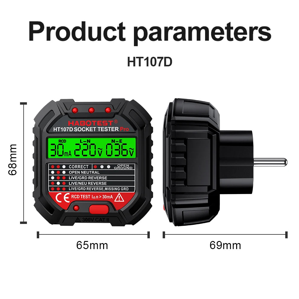 HT106 HT107 Digital Socket Tester With Voltage Detector RCD NCV Test For Ground Zero Line  Phase Ch 6