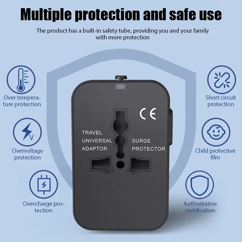 Global Universal Travel Plug Adapter With USB Sockets AC Power Converter Featuring Child Safety Loc