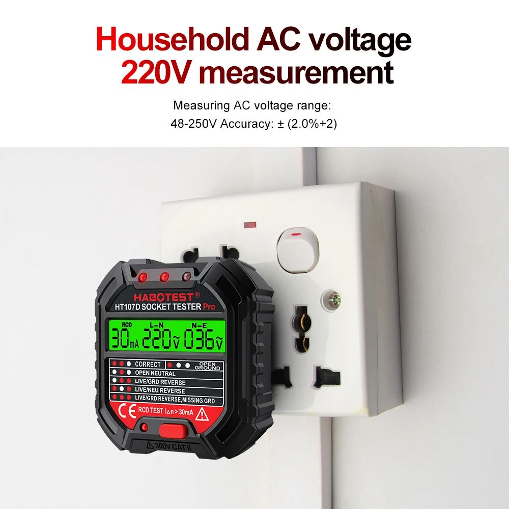 HT106 HT107 Digital Socket Tester With Voltage Detector RCD NCV Test For Ground Zero Line  Phase Ch 2