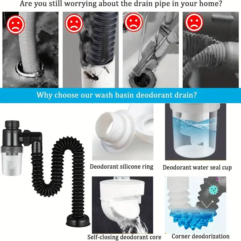 Universal EasyFit PTrap For Kitchen Sink LeakProof Expandable Drain Pipe Set Durable Plastic AntiCl 3