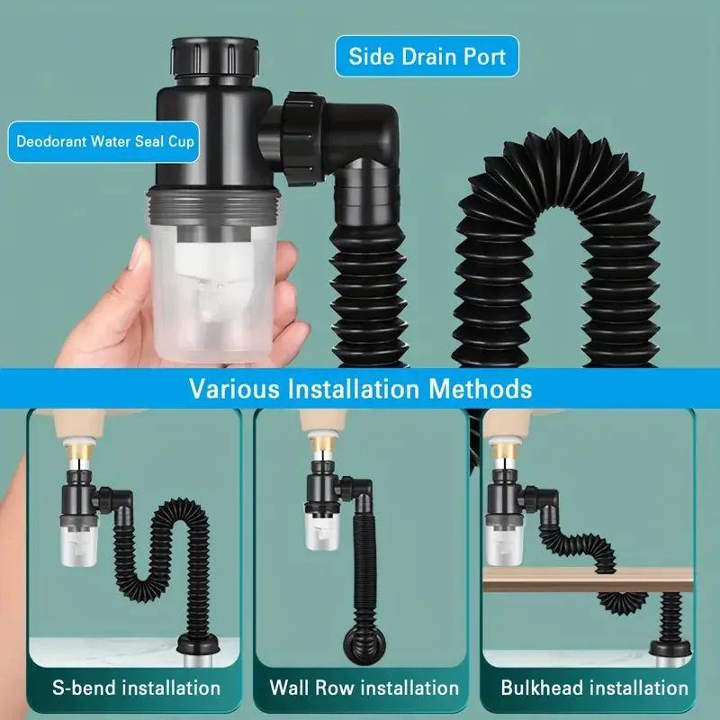 Universal EasyFit PTrap For Kitchen Sink LeakProof Expandable Drain Pipe Set Durable Plastic AntiCl 6