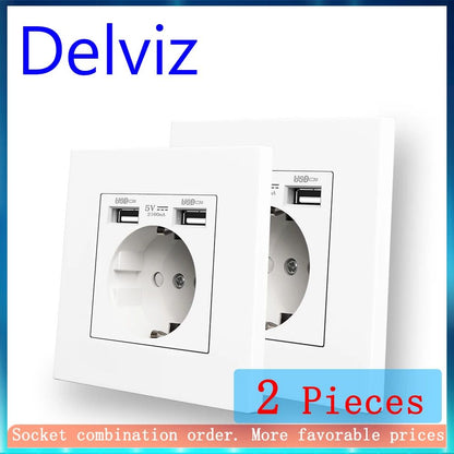 Dual USB Charging Outlet 16A Wall Socket Power Jack with 2A USB Port White PC Panel Electrical Wall Charger