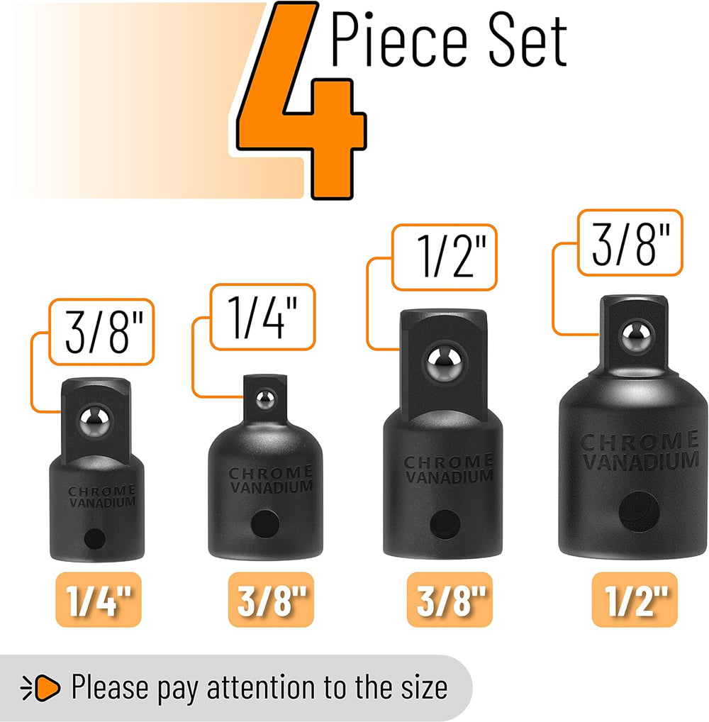 4PCS Impact Socket Adapter & Reducer Set, Versatile 1/2", 3/8", 1/4" Drive for Impact Drivers, Wrenches, and Drills