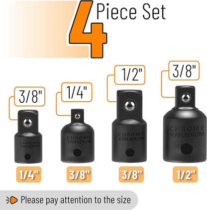 4PCS Impact Socket Adapter & Reducer Set, Versatile 1/2", 3/8", 1/4" Drive for Impact Drivers, Wrenches, and Drills