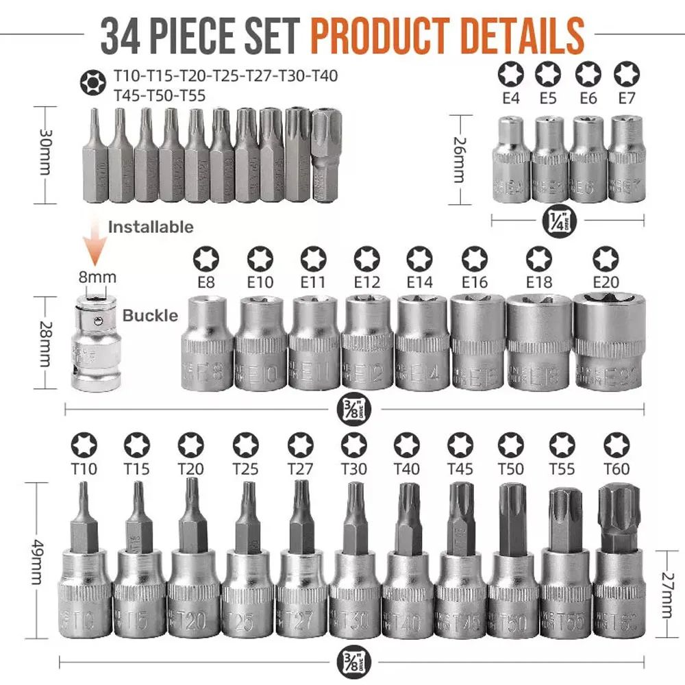 Professional Torx Bit  ETorx Star Socket Set Drive MaleFemale Bits Chrome Vanadium Steel Hand Tool  3
