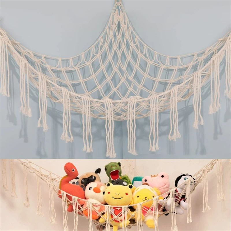 Handmade Rope Corner Toy Net Hammock, Triangle Storage Net for Bedroom, Stuffed Animal Organizer & Wall Decoration