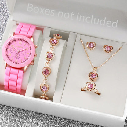 Fashion Women Quartz Watches Jewelry Set, Reloj Mujer Silicone Band Clock with Necklace Bracelet Earrings Gift for Girl