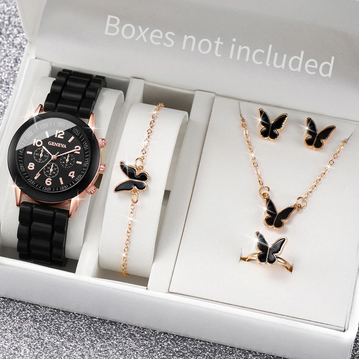 Fashion Women Quartz Watches Jewelry Set Reloj Mujer Silicone Band Clock With Necklace Bracelet Ear 4