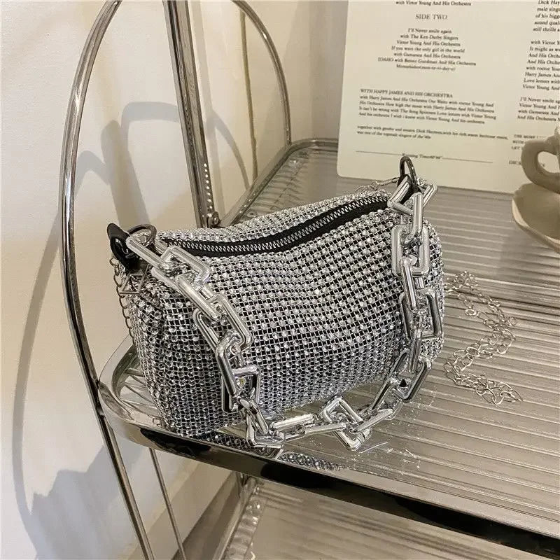 Allover Rhinestone Bucket Bag Glitter Chain Mini Crossbody Prom Purse For Women 2