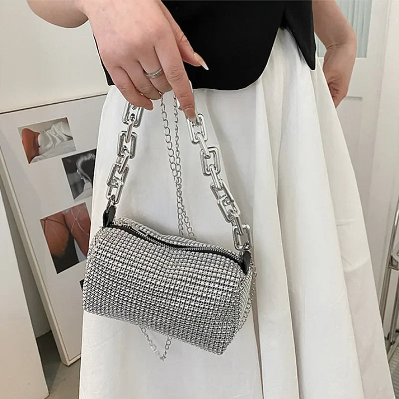 Allover Rhinestone Bucket Bag, Glitter Chain Mini Crossbody Prom Purse for Women
