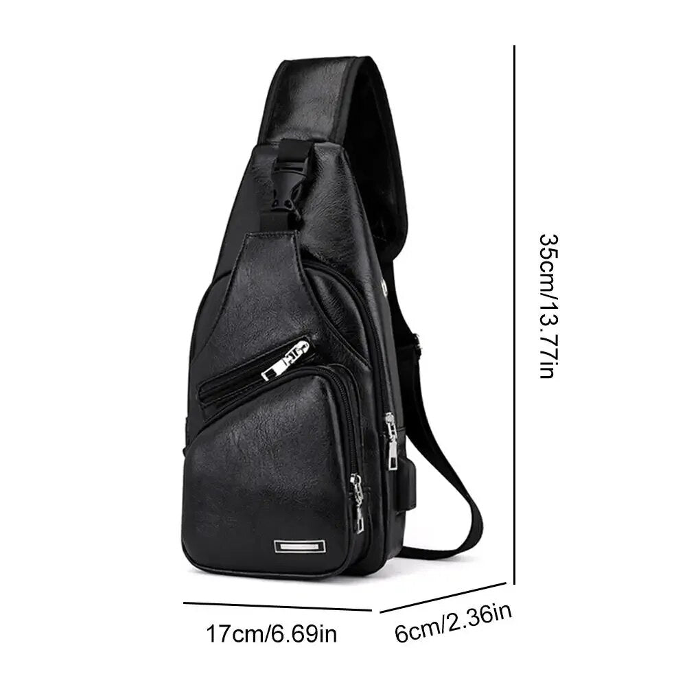Multifunctional Casual PU Crossbody Bag with USB Charging Mens Chest Bag for Daily Use