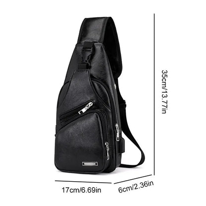 Multifunctional Casual PU Crossbody Bag with USB Charging Mens Chest Bag for Daily Use