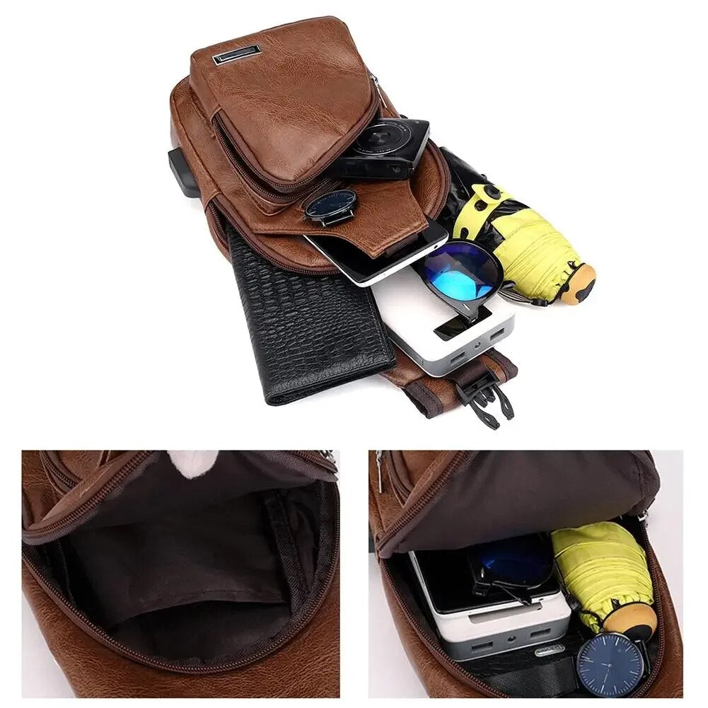 Multifunctional Casual PU Crossbody Bag with USB Charging Mens Chest Bag for Daily Use