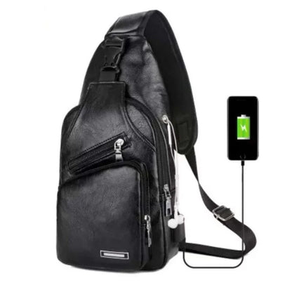 Multifunctional Casual PU Crossbody Bag with USB Charging Mens Chest Bag for Daily Use