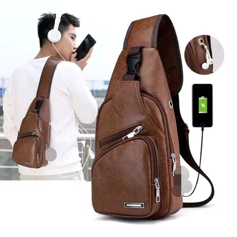 Multifunctional Casual PU Crossbody Bag with USB Charging Mens Chest Bag for Daily Use
