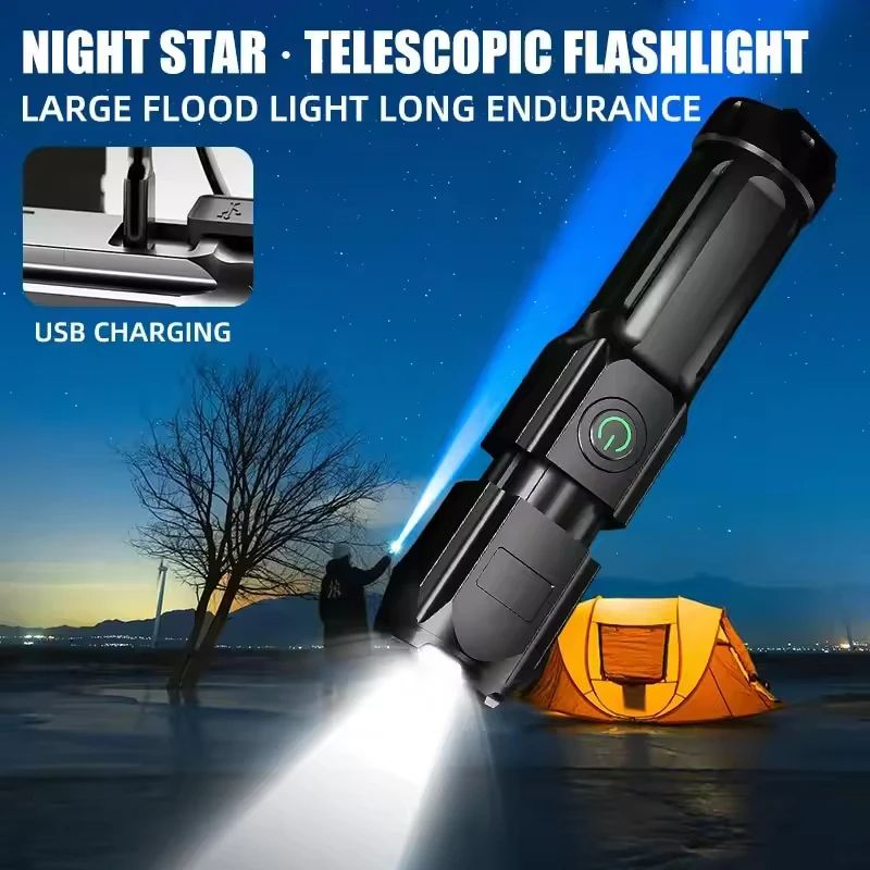 Rechargeable LED Camping Torch Flashlight, High Power USB Spotlight with Zoom Lantern, Waterproof, Built-in Battery