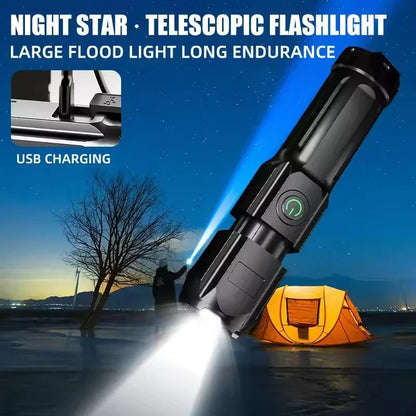 Rechargeable LED Camping Torch Flashlight, High Power USB Spotlight with Zoom Lantern, Waterproof, Built-in Battery