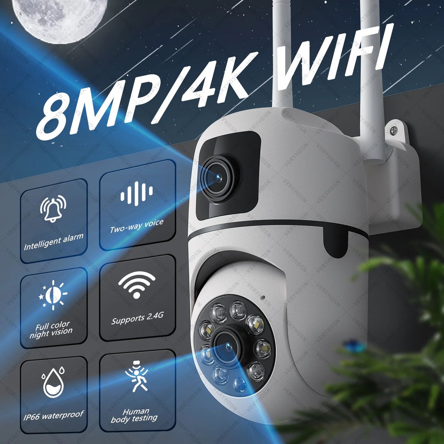 Dual Lens Outdoor WiFi Surveillance Camera, PTZ, Dual Screen, AI Auto Tracking, Waterproof Security IP Camera