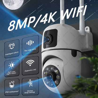 Dual Lens Outdoor WiFi Surveillance Camera, PTZ, Dual Screen, AI Auto Tracking, Waterproof Security IP Camera