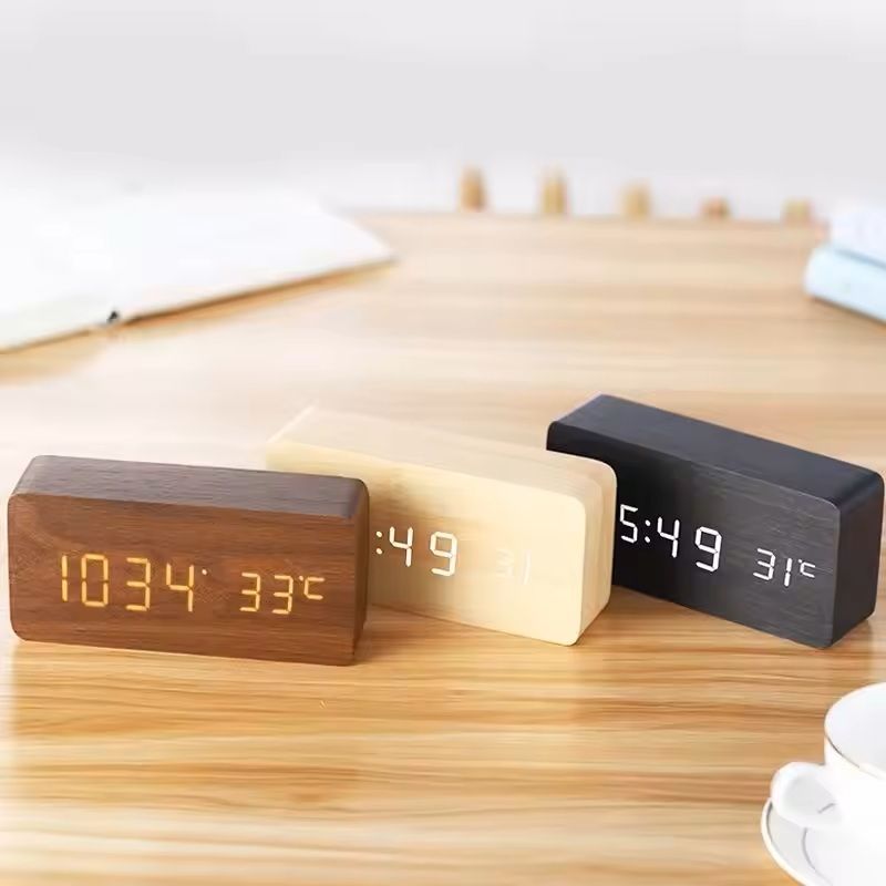 Wooden Digital LED Alarm Clock  Minimalist Desk And Bedside Clock With Temperature And Sound Contro 9