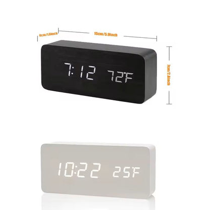 Wooden Digital LED Alarm Clock  Minimalist Desk And Bedside Clock With Temperature And Sound Contro 3