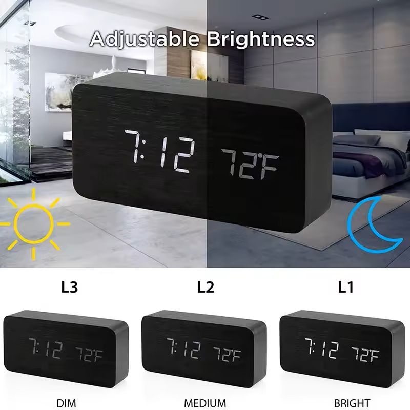 Wooden Digital LED Alarm Clock  Minimalist Desk And Bedside Clock With Temperature And Sound Contro 5