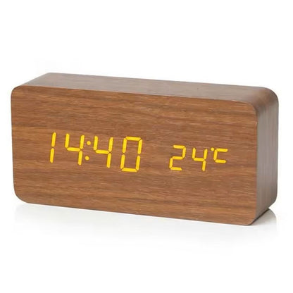 Wooden Digital LED Alarm Clock  Minimalist Desk And Bedside Clock With Temperature And Sound Contro 6