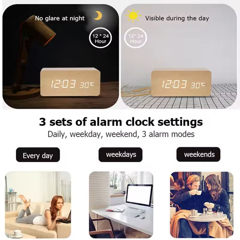 Wooden Digital LED Alarm Clock  Minimalist Desk And Bedside Clock With Temperature And Sound Contro 7
