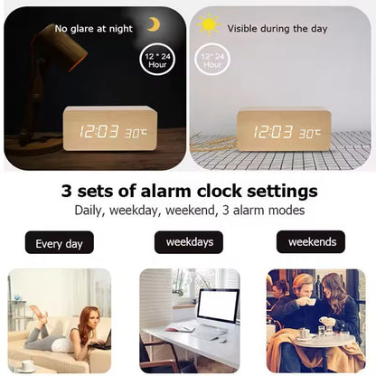 Wooden Digital LED Alarm Clock  Minimalist Desk And Bedside Clock With Temperature And Sound Contro 7